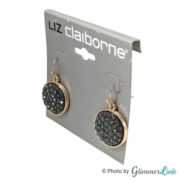 Liz Claiborne Gold Tone Drop Earrings Smokey Gray Rhinestone Circle Dangle NWT - Picture 4 of 8
